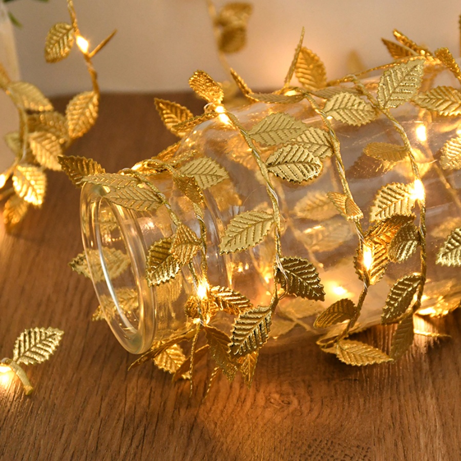 Outdoor Lighting Wedding Decor - Goldene Blatt-Rattan-Kupferdraht-Lichterkette, batteriebetrieben, für Weihnachten, Hochzeit,