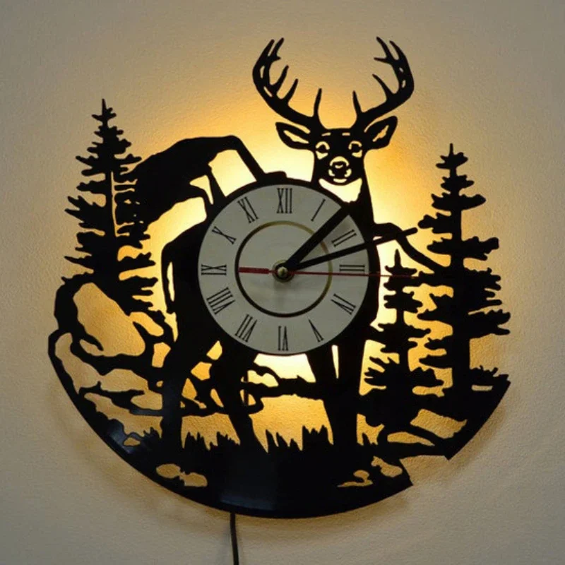 Lighting Home Decor Wall Clocks - Wald Hirsch Schallplatte Wanduhr LED Nachtlicht